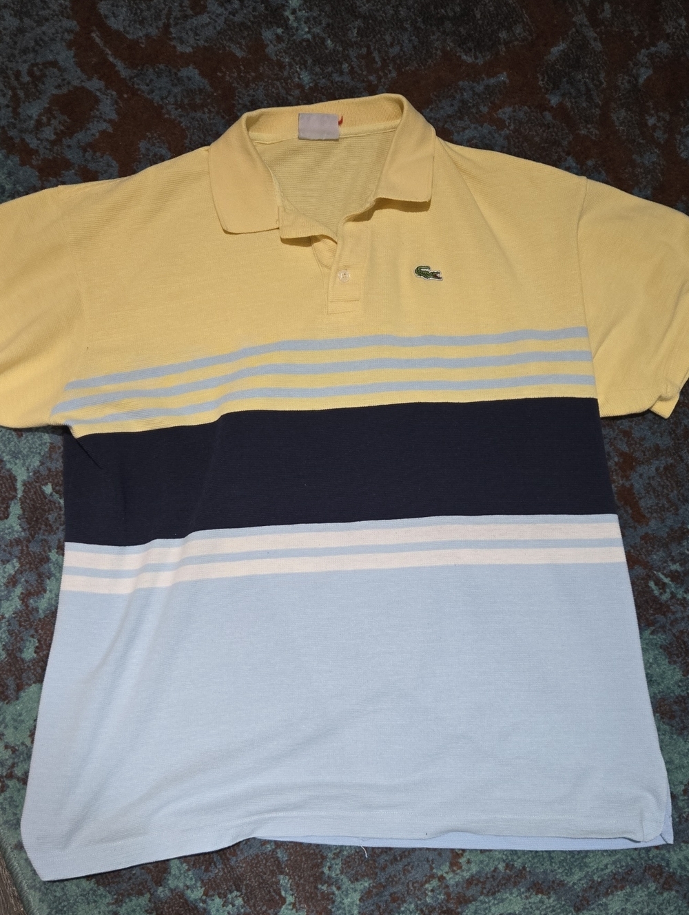 Lacoste Men’s Yellow Navy and Light Blue Striped Polo